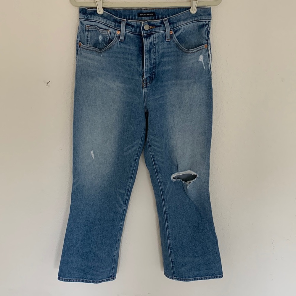 lucky brand bridgette high rise crop mini boot distressed jean